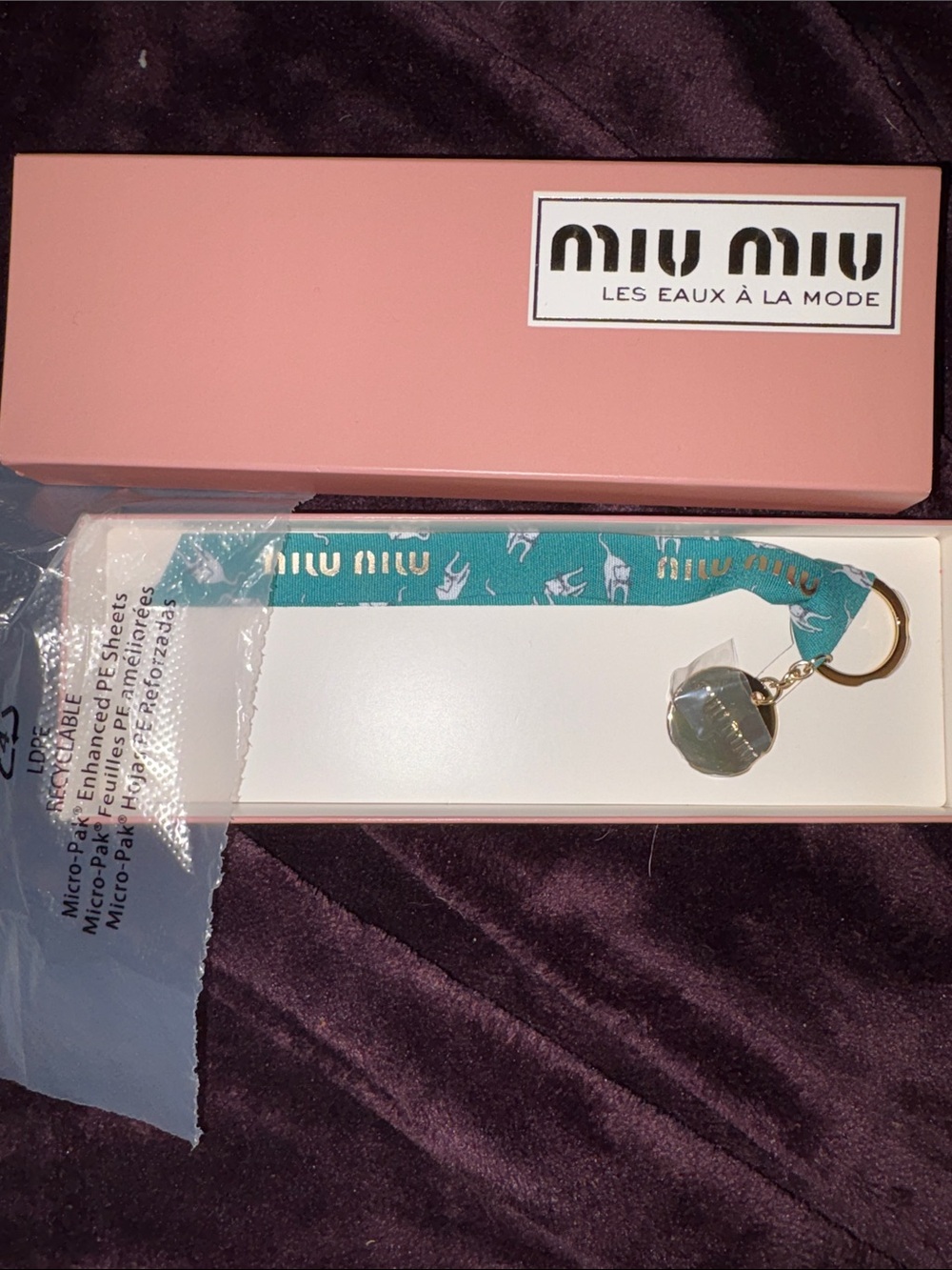 NWT RARE Miu Miu Teal Logo Ribbon Keychain with Charm
